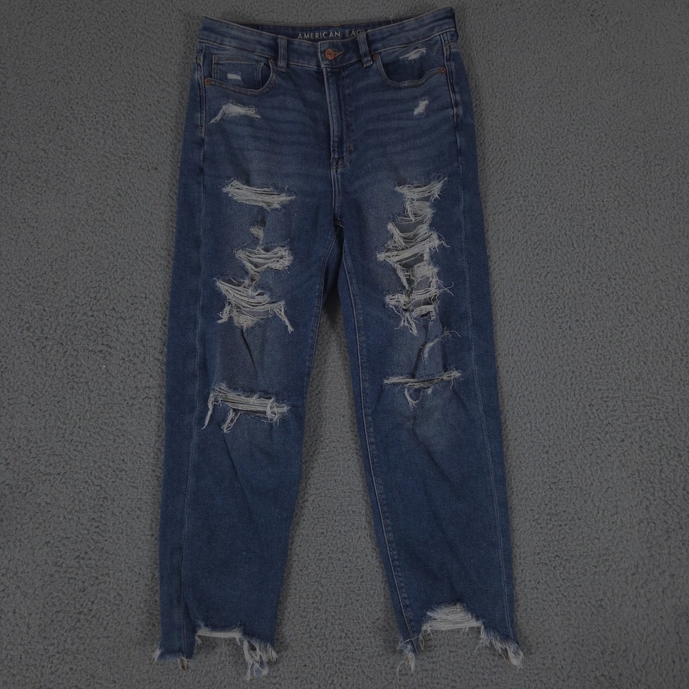 American Eagle Jeans Womens 8 Blue Mom Straight High Rise Stretch Distressed